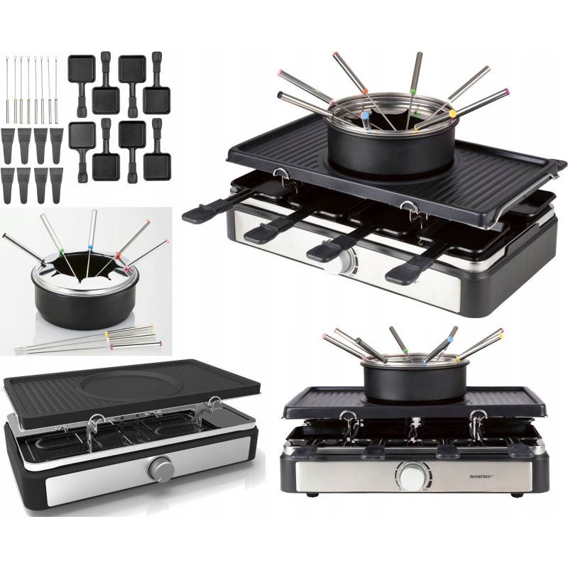 3 w 1 GRILL RACLETTE PŁYTA + FONDUE + 8 PATELEK Garnek i Widelce termostat
