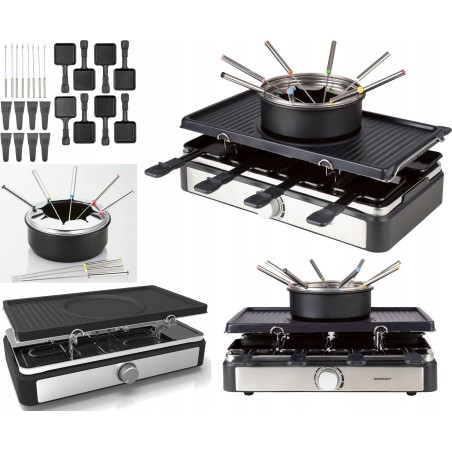 3 w 1 GRILL RACLETTE PŁYTA + FONDUE + 8 PATELEK Garnek i Widelce termostat